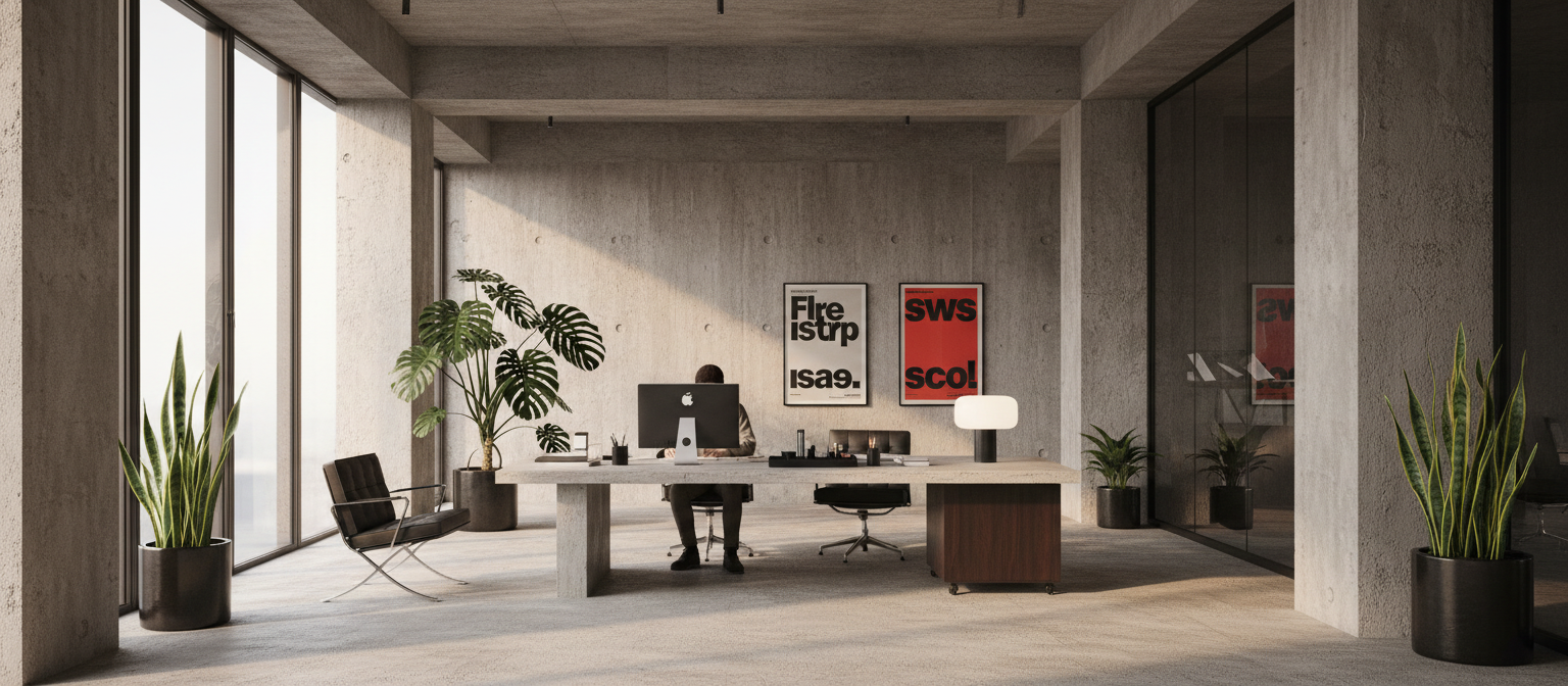 Studio workspace with concrete walls, plants, and a long desk