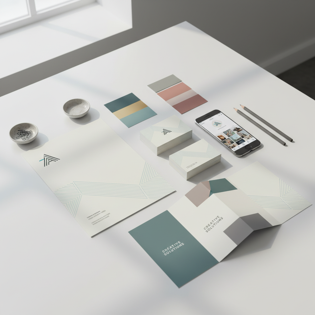 Letterhead, business cards, and phone showing brand materials