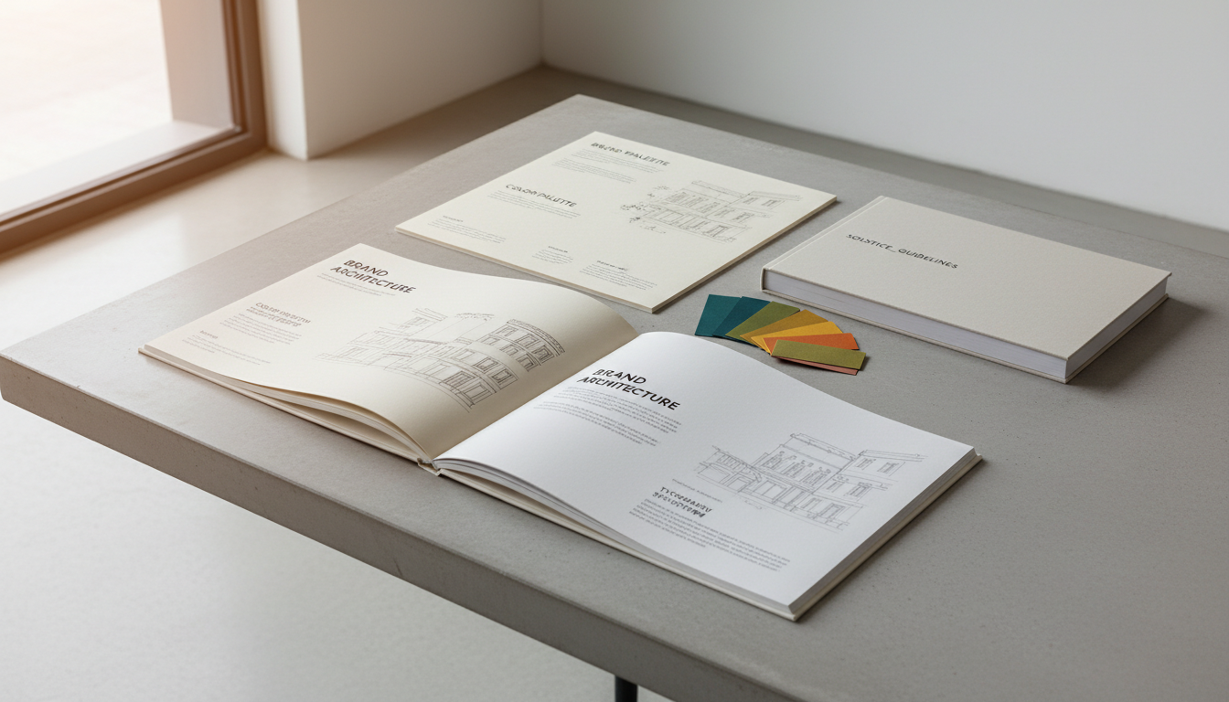 Brand style guide book with color swatches and stationery