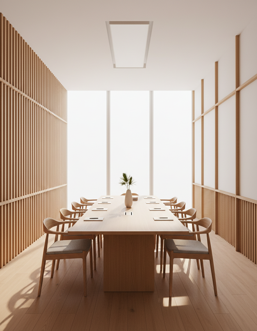Minimal conference room with a long wooden table