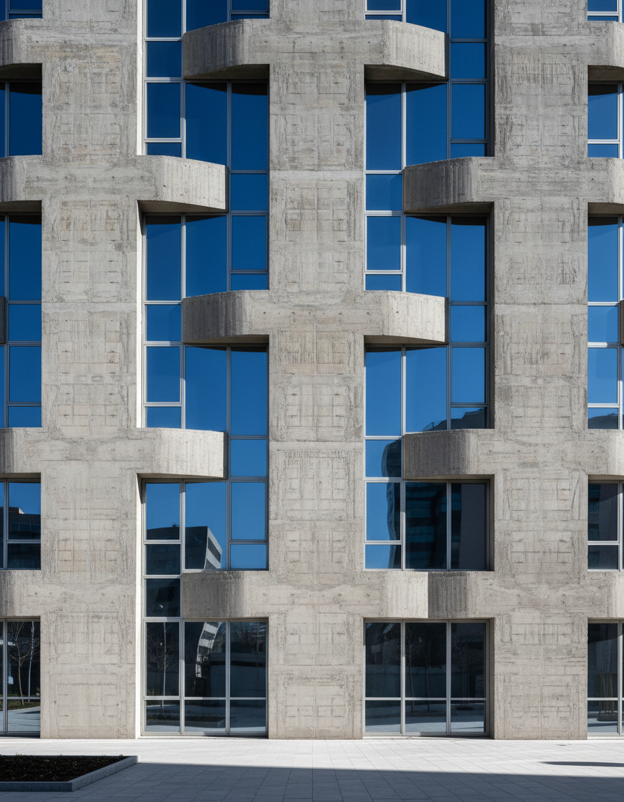 Concrete building facade with deep square recesses