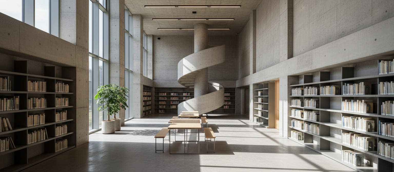 Minimalist interior with spiral staircase