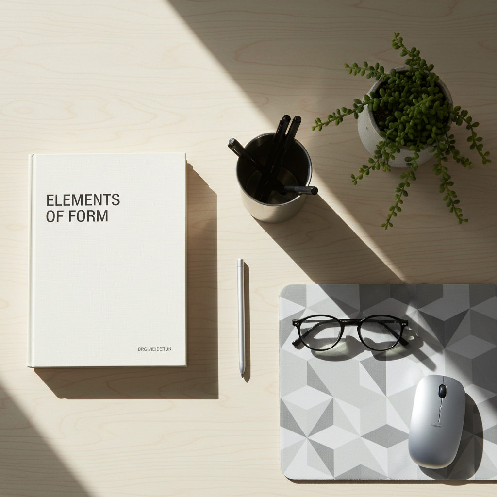 Workspace with notebook, plant, and glasses