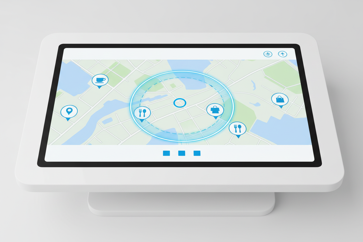 Tablet showing a map with a local search radius