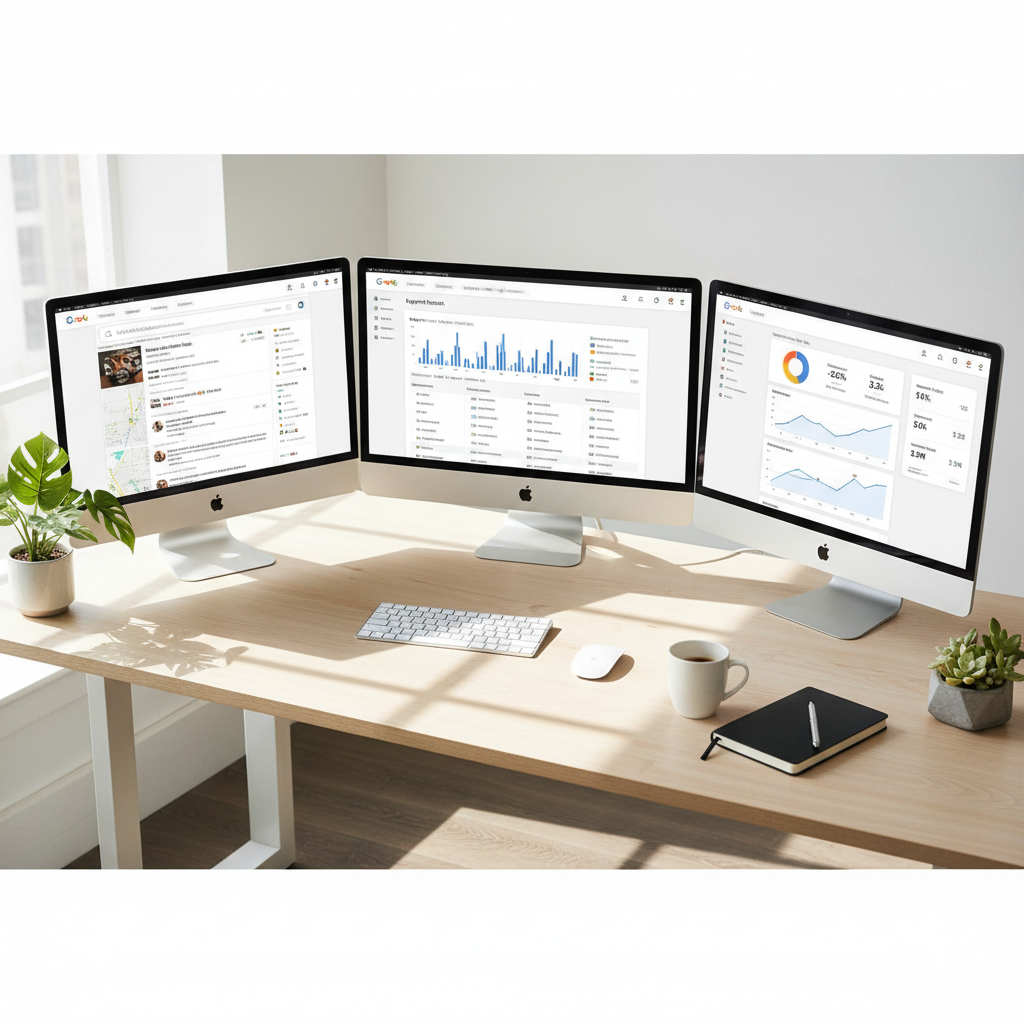 Workstation with multiple monitors showing SEO dashboards