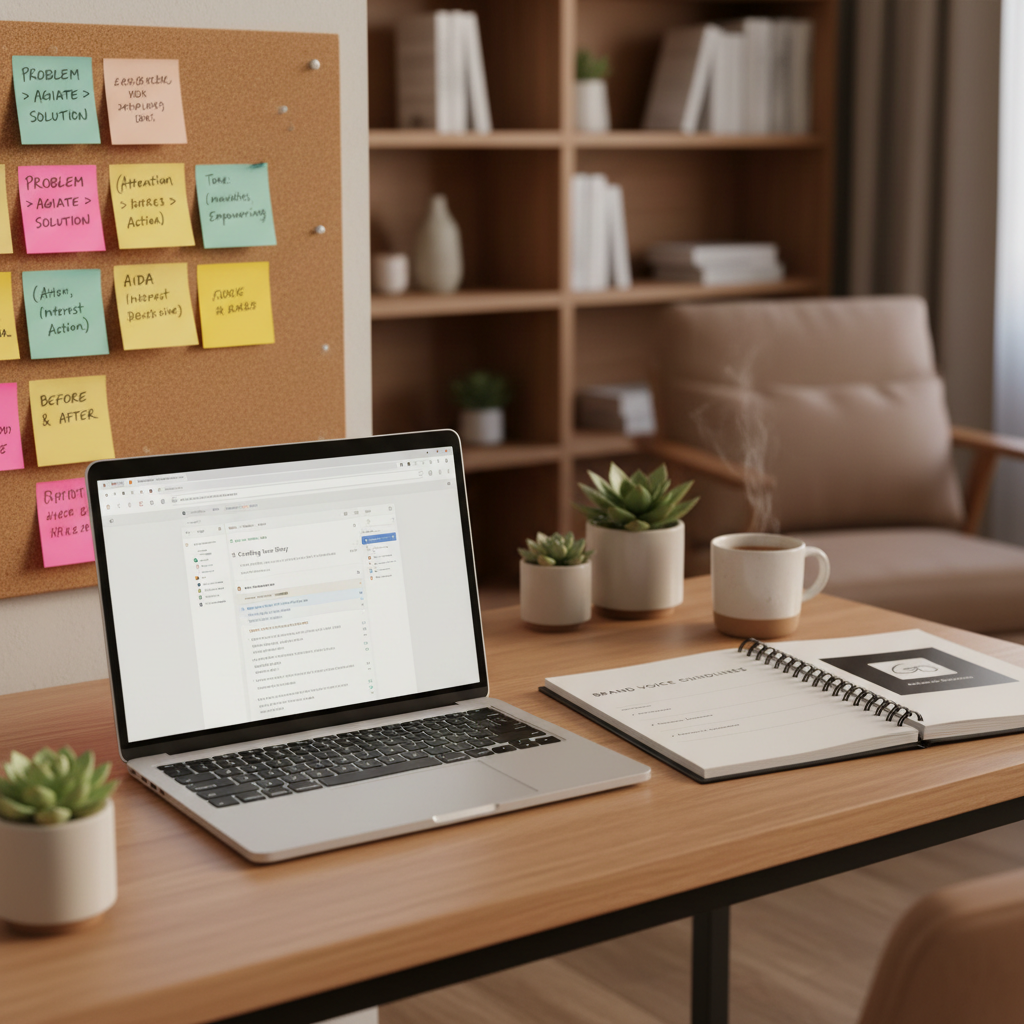 Laptop on a desk with sticky notes on the wall