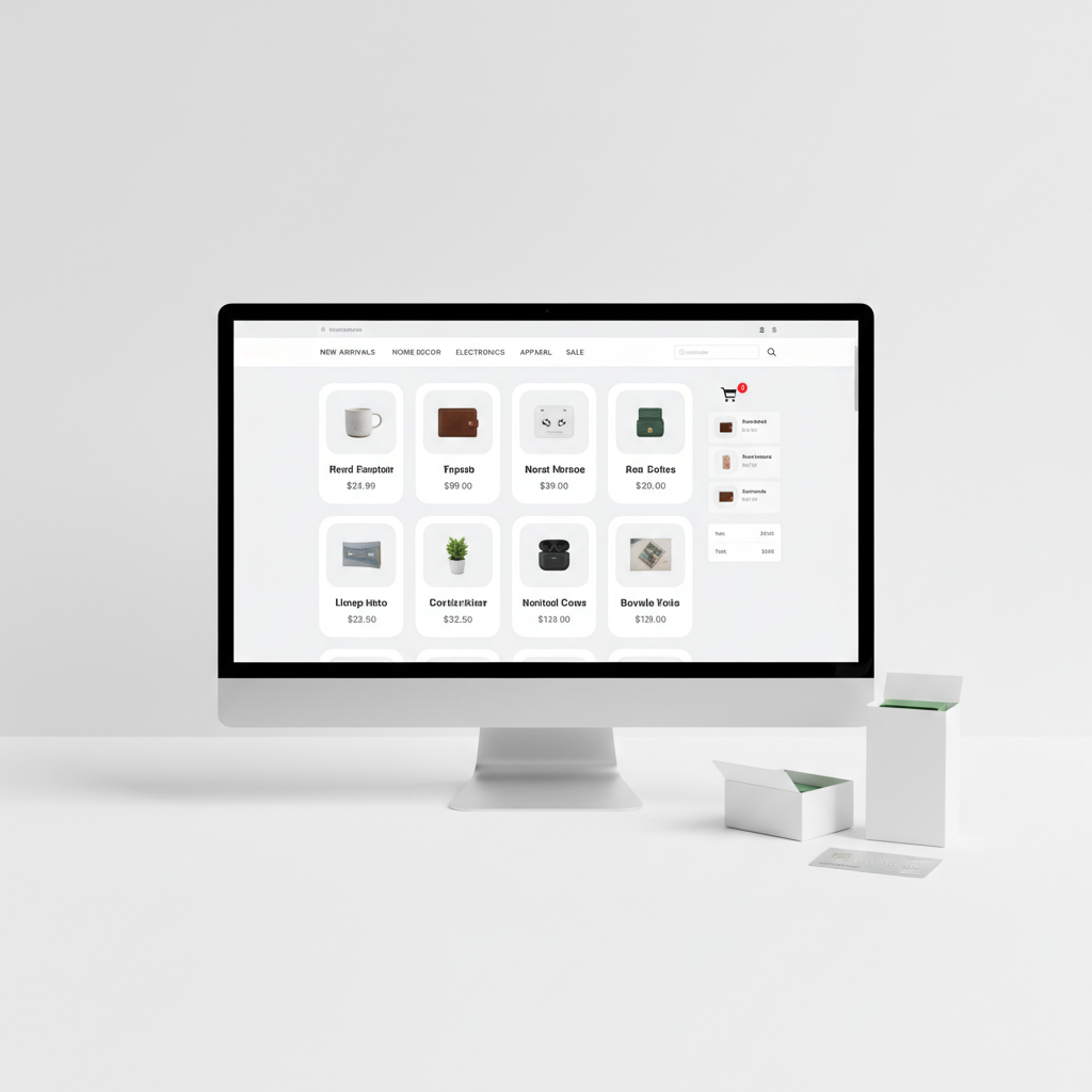 Desktop monitor showing an ecommerce product grid