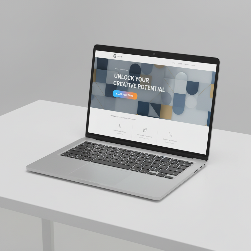 Laptop on a desk showing a landing page design